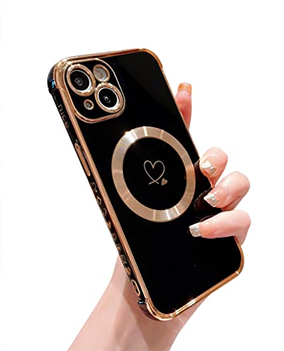 Ponnky Kompatibel mit Magsafe iPhone 14 Hülle für Frauen, Luxusbeschichtung Niedliches Herz mit magnetischem Drahtlos-Ladedesign, weiche TPU-Stoßfängerhülle für das iPhone 14 6,1 Zoll (Schwarz) von Ponnky