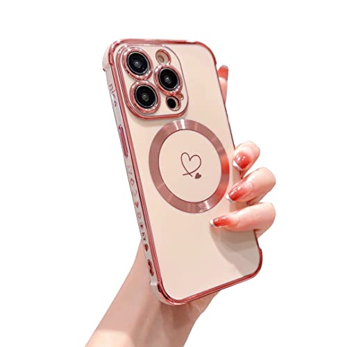 Ponnky Kompatibel mit Magsafe iPhone 14 Pro Hülle für Frauen, Luxusbeschichtung Niedliches Herz mit magnetischem Drahtlos-Ladedesign, weiche TPU-Stoßfängerhülle für das iPhone 14 Pro 6,1 Zoll (Pink) von Ponnky