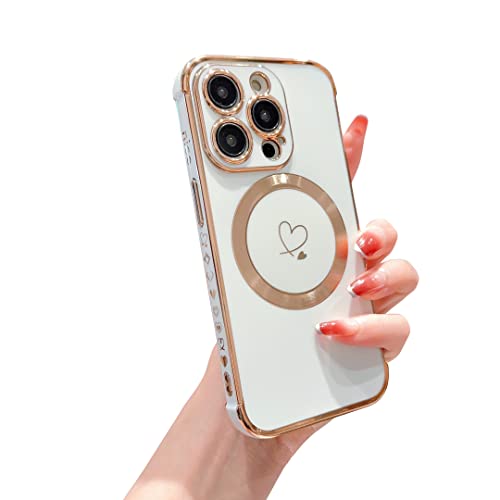 Ponnky Kompatibel mit Magsafe iPhone 14 Pro Hülle für Frauen, Luxusbeschichtung Niedliches Herz mit magnetischem Drahtlos-Ladedesign, weiche TPU-Stoßfängerhülle für das iPhone 14 Pro 6,1 Zoll (Weiß) von Ponnky