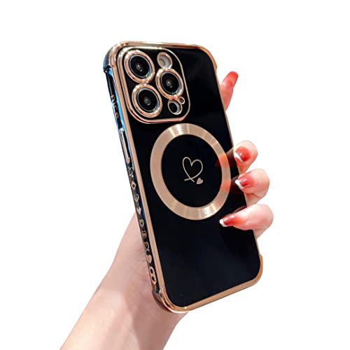 Ponnky Kompatibel mit Magsafe iPhone 14 Pro Hülle für Frauen, Luxusbeschichtung Niedliches Herz mit magnetischem Drahtlos-Ladedesign, weiche TPU-Stoßfängerhülle für das iPhone 14 Pro 6,1Zoll (Schwarz) von Ponnky