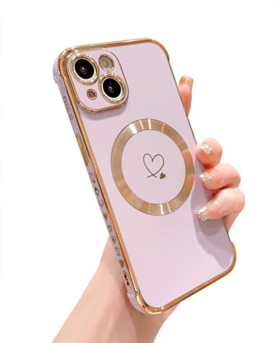 Ponnky Kompatibel mit Magsafe iPhone 15 Hülle für Frauen, Luxus-Überzug Niedliches Herz mit magnetischem Wireless-Ladendesign Weiche TPU-Stoßfängerhülle für iPhone 15 6,1 Zoll (Lila) von Ponnky
