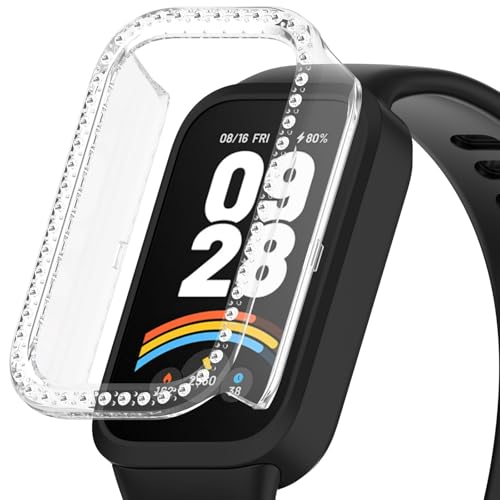 Poo4kark Strass Uhrengehäuse für Xiaomi Band 9 Active/Redmi Watch 3 Smart Sports Watch PC-Material mit eingebettetem, halb abgedecktem Hohldesign (A, 6X5CM) von Poo4kark