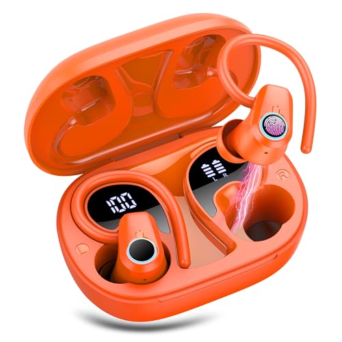 Bluetooth Kopfhörer Sport, In Ear Kopfhörer Kabellos Bluetooth 5.3, 50Std Ultraleicht Bluetooth Earbuds mit Bügel, Noise Cancelling Ohrhörer, HiFi Stereo, LED Anzeige, IP7 Wasserdicht Joggen, Orange von Poounur