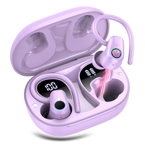 Bluetooth Kopfhörer Sport, In Ear Kopfhörer Kabellos Bluetooth 5.3, 50Std Ultraleicht Earbuds mit Bügel, Noise Cancelling Ohrhörer Bluetooth, HiFi Stereo, LED Anzeige, IP7 Wasserdicht Joggen, Violett von Poounur