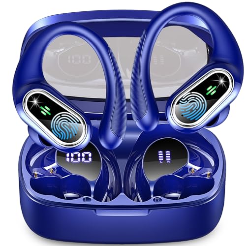Bluetooth Kopfhörer Sport, In Ear Kopfhörer Kabellos Bluetooth 5.3 mit HD Mic, Herausragender Sound, 50Std HiFi Stereo Kabellose Kopfhörer, 2024 Noise Cancelling Ohrhörer, IP7 Wasserdicht LED Blau von Poounur