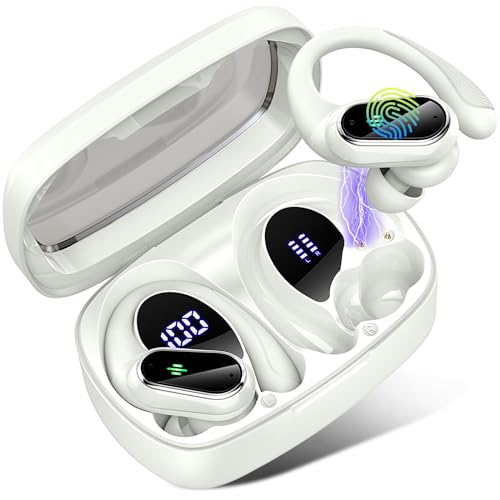Poounur Bluetooth Kopfhörer Sport, Kopfhörer Kabellos Bluetooth 5.3 Tiefer Bass, 50H ENC Mic Noise Cancelling Bluetooth Kopfhörer in Ear, LED-Anzeige, USB-C, IP7 wasserdichte Ohrhörer Bluetooth, weiß von Poounur
