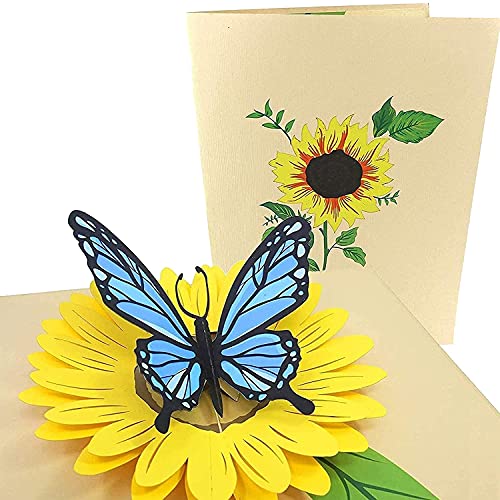 PopLife Blauer Schmetterling und Sonnenblume Pop Up Valentinskarte - 3D-Jubiläumsgeschenk, Pop Up Muttertagskarte, Danke, Glücklicher Geburtstag - Flach gefaltet für Mailing - für Mama, Tochter, Frau von PopLife