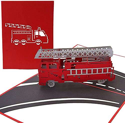 PopLife Cards Popup-Grußkarte des Löschfahrzeug-LKWs 3d für alle Gelegenheiten Feuerwehrmänner, Freiwillige, scherzt Falten flach für das Versenden des Geburtstages, des Abschlusses, des Ruhestandes, von PopLife