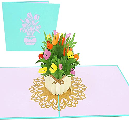 PopLife Frühlingstulpenstrauß Pop Up Valentinstagskarte - 3D Glückliches Jubiläumsgeschenk, Ostern PopUp Muttertagskarte, Glücklicher Geburtstag - Flach gefaltet für Mailing - für Mama, Tochter, Frau von PopLife