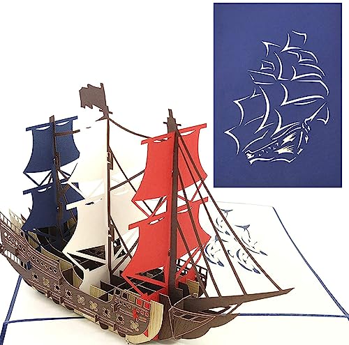 PopLife Man O'War-Schiff PopUp-Karte für alle Anlässe - Geburtstag, Abschluß, Glückwünsche, Ruhestand, Jubiläumsgeschenk, Vatertag - Bootsfahrer, Piraten, Meeresliebhaber - Flach gefaltet für Mailing von PopLife