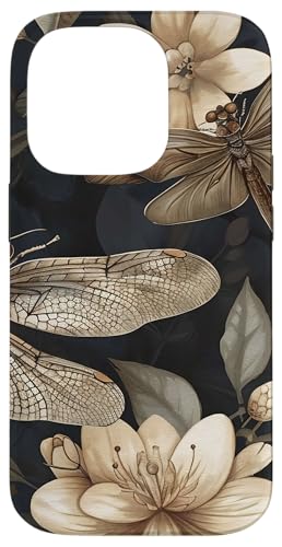 Hülle für iPhone 14 Pro Elegante Libelle und Blumen auf dunklem Hintergrund von PopTrend Designs