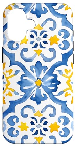 Hülle für iPhone 16 Florale Fliese mit gelben Akzenten auf Blau Hülle für iPhone 16 Florale Fliese mit gelben Akzenten auf Blau von PopTrend Designs