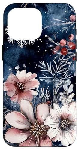 Hülle für iPhone 16 Pro Max Winterblumen mit Schneeflocken und marineblauem Hintergrund von PopTrend Designs