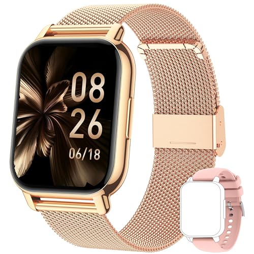 Popglory Smartwatch Herren Damen, Sprachassistent, 100+ Sportmodi Fitnessuhr mit Bluetooth Anrufe SpO2 Blutdruckmessung Herzfrequenz Schrittzähler Schlafmonitor, 2 Uhrenarmband für Android iOS von Popglory