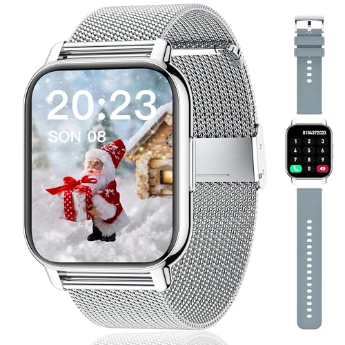 Popglory Smartwatch für Damen Herren, 1.85 Zoll Touch-Farbdisplay mit Bluetooth Anrufe,Fitnessuhr mit SpO2 Blutdruckmessung Herzfrequenz Schrittzähler Schlafmonitor, Musikwiedergabe, Silber,Grau von Popglory