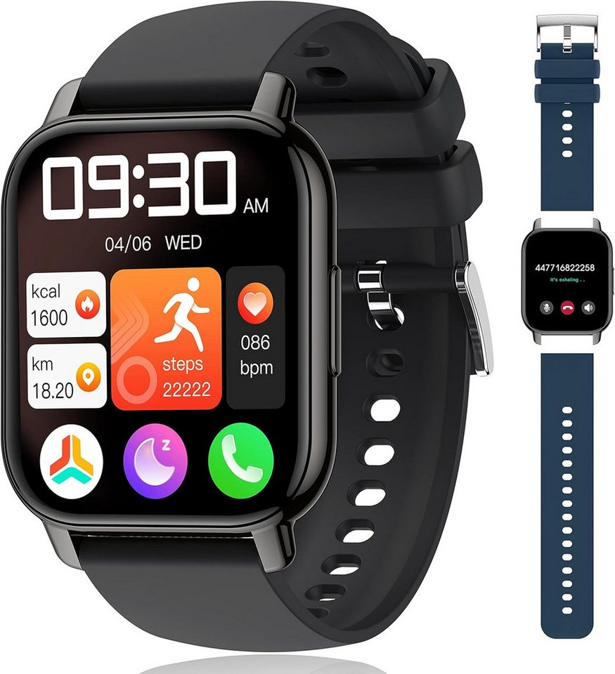 Popglory für Damen Herren Touch-Farbdisplay mit Bluetooth Anrufe Smartwatch (1.85 Zoll, Android iOS), mit SpO2 Blutdruckmessung Herzfrequenz Schrittzähler Schlafmonitor von Popglory
