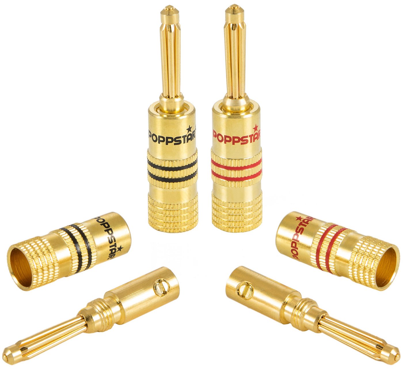 Poppstar Bananas für Lautsprecherkabel (bis 4 mm) Audio-Adapter, für Lautsprecher, Boxen und AV Receiver, 24k vergoldet von Poppstar