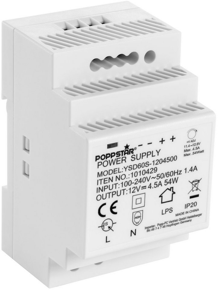 Poppstar DIN Rail Netzteil 12V 54 Watt Hutschienen-Netzteil (Klingeltrafo (Input 100-240V AC, Output 12 V DC 4,5 A 54 W) von Poppstar