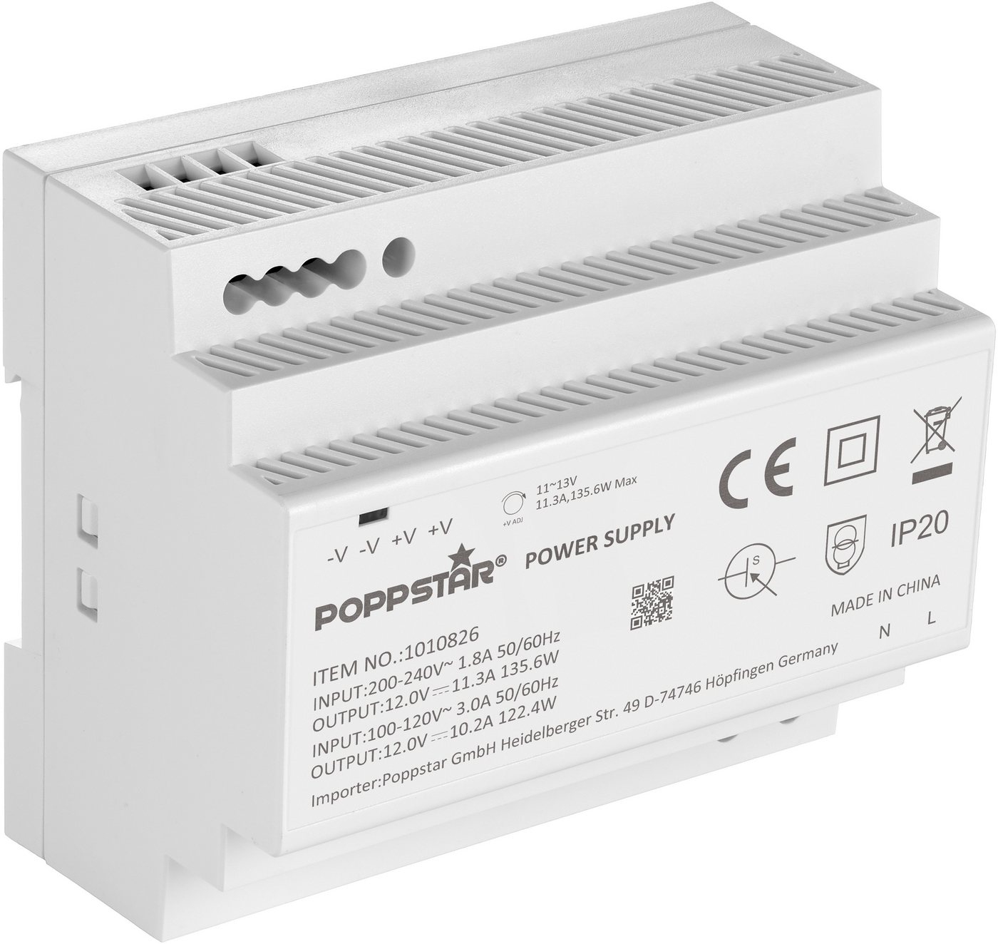 Poppstar DIN Rail Netzteil 12V DC 11,3A 136W Hutschienen-Netzteil (12 V Klingelstrafo IP 20 mit Überlast-Schutz) von Poppstar