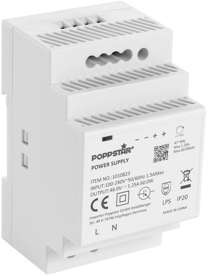 Poppstar DIN Rail Netzteil 48V DC 1,25A 60W Hutschienen-Netzteil (Klingeltrafo 48 V mit Kontroll-LED und Überlastschutz) von Poppstar