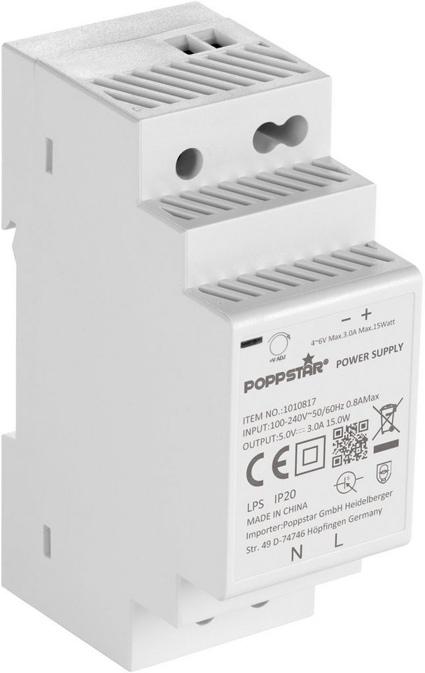 Poppstar DIN-Rail Netzteil 5V DC 3A 15W Hutschienen-Netzteil (Klingeltrafo IP20 mit Kurzschluss- und Überspannungsschutz) von Poppstar