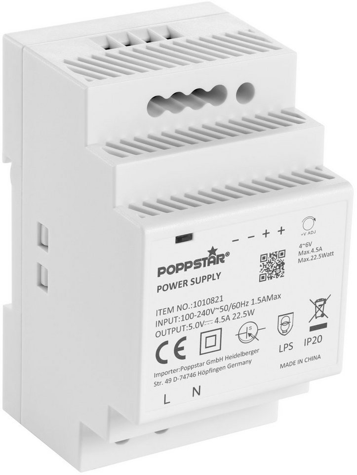 Poppstar DIN Rail Netzteil 5V DC 4,5A 22W Hutschienen-Netzteil (Klingeltrafo 5 V mit Kurzschlussschutz und Überstromschutz) von Poppstar