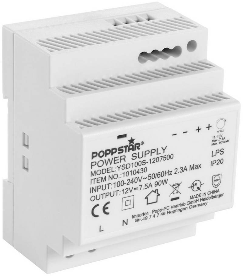 Poppstar DIN Rail Netzteil 90W 12V DC 7,5A Hutschienen-Netzteil (Netzteil für Hutschiene (Input 100-240 V AC 50/60 Hz) von Poppstar
