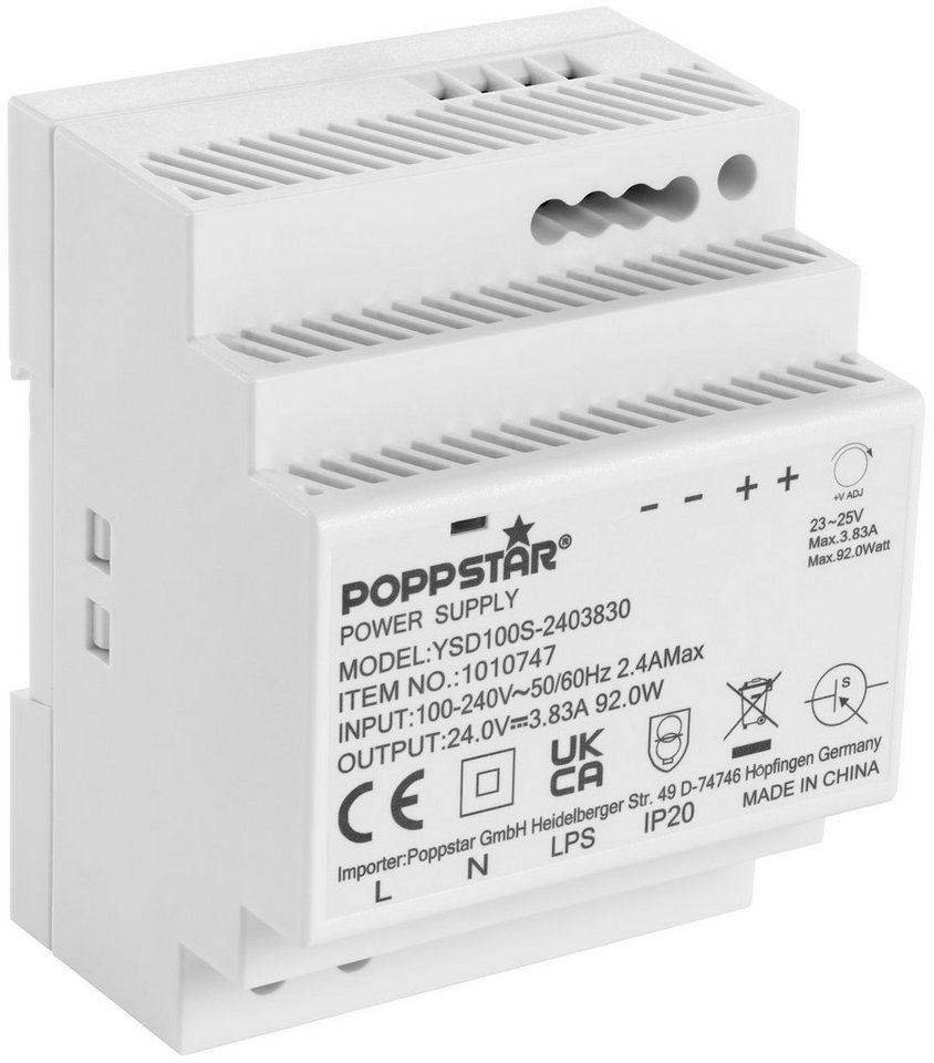 Poppstar Din Rail-Netzteil 24V Hutschienen-Netzteil (Input 100-240 V AC 50/60 Hz, Output 24 V DC 3,83 A 92 W) von Poppstar