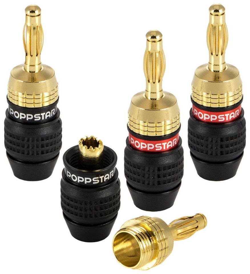 Poppstar High End Bananenstecker (geschirmt) für Lautsprecherkabel bis 6 mm² Audio-Adapter, Bananas für Lautsprecher & AV Receiver (vergoldet, 5x schwarz, 5x rot) von Poppstar