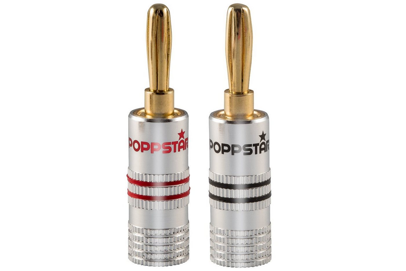 Poppstar High End Bananenstecker für Lautsprecherkabel (bis 6 mm) Audio-Adapter, für Lautsprecher, AV Receiver (Kontakte vergoldet, 1 schwarz, 1 rot) von Poppstar