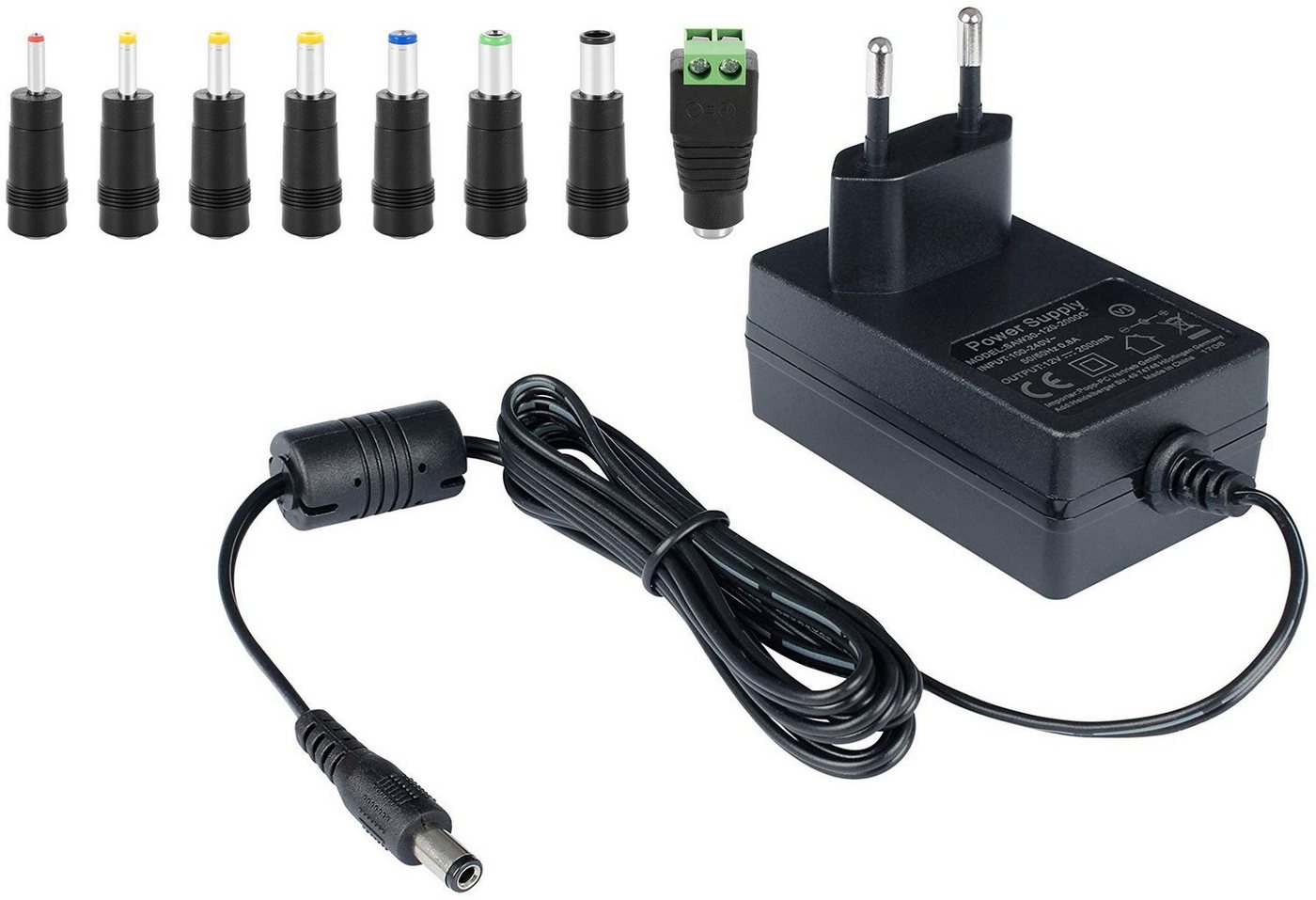 Poppstar Steckernetzteil 12V 2A (2000mA, 5,5/2,5mm) Universal-Netzteil (Strom-Adapter mit 8er Hohlstecker Set, 150cm) von Poppstar