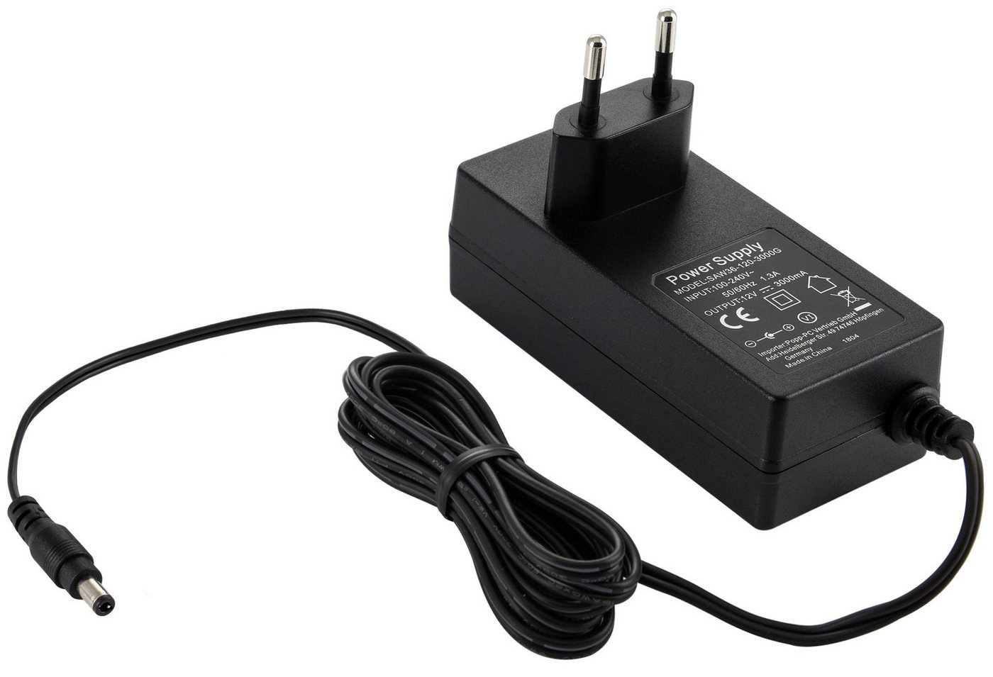 Poppstar Steckernetzteil AC DC 12V 3A (5,5/2,5mm Stecker) Stromadapter Universal-Netzteil (Adapter für externe Festplatten-Gehäuse, Dockingstation uvm., 150cm) von Poppstar