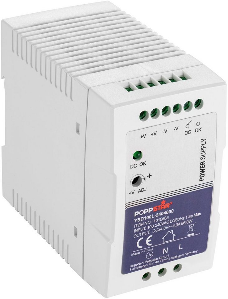 Poppstar Ultra-Slim 24V Netzteil für Hutschiene 24V DC 4 A 96 Watt Hutschienen-Netzteil (DIN Rail Netzteil (mit PFC, 96W) Trafo für Hutschienen 55x100x92mm) von Poppstar