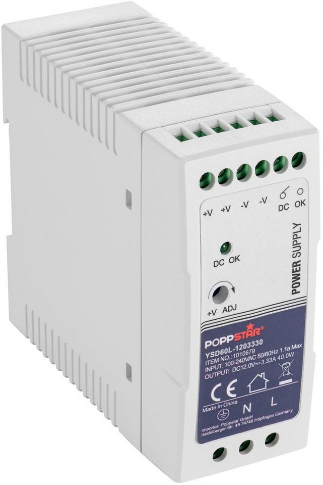 Poppstar Ultra-Slim Netzteil für Hutschiene 12V DC 3,33 A 40 W Hutschienen-Netzteil (DIN Rail Netzteil 40W / 12V Trafo für Hutschienen 40x100x92mm) von Poppstar