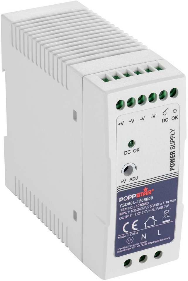 Poppstar Ultra-Slim Netzteil für Hutschiene 12V DC 5 A 60W Hutschienen-Netzteil (DIN Rail Netzteil 60 W / Trafo für Hutschienen 40x100x92mm) von Poppstar