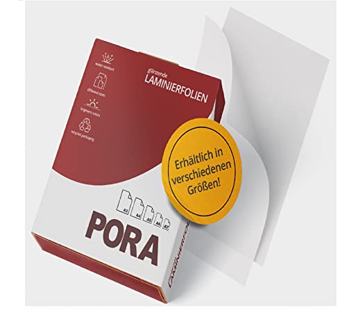 PORA PREMIUM Laminierfolien in A3 A4 A5 A6 A7 und Visitenkartengöße in 100-500 Stück versch. Stärken (A4 80 mic/ 500 Stück) von Pora