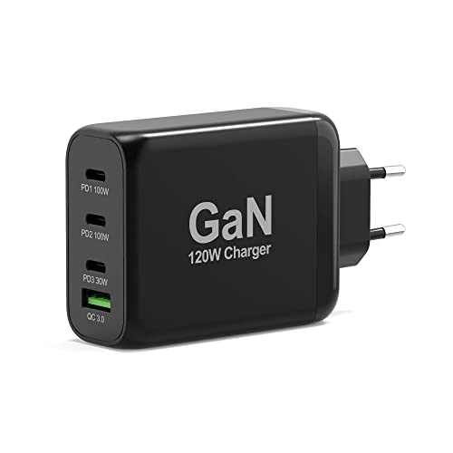Port Connect Wandladegerät GaN USB-C Power Delivery™ & USB-A Quick Charge 120 W mit Kabel Typ C 2 Meter schwarz UK-Stecker von Port Designs