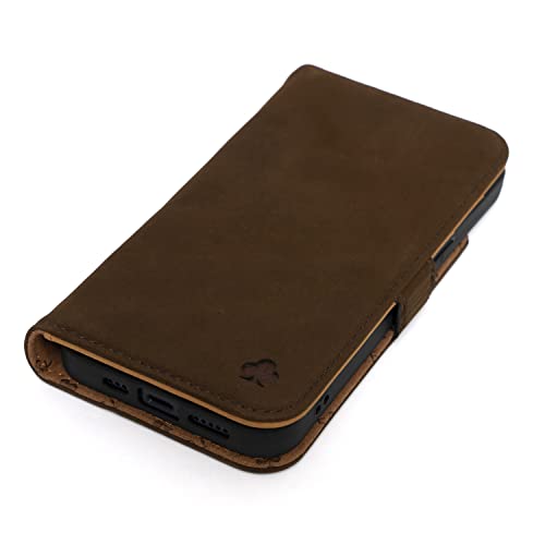 Porter Riley - Lederhülle für iPhone 13 (6.1"). Premium Echtleder Standhülle/Ledertasche/Brieftasche mit Karten Steckfächern & Horizontale Standfunktion (Braun, Hellbraun) von Porter Riley