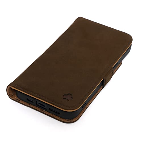 Porter Riley - Lederhülle für iPhone 13 Pro (6.1"). Premium Nubuk Echtleder Standhülle/Ledertasche/Brieftasche mit Karten Steckfächern und Horizontale Standfunktion (Braun, Hellbraun) von Porter Riley