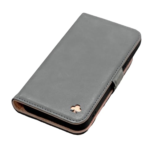 Porter Riley - Lederhülle für iPhone 14. Hochwertiges Echtleder-Ständer/Cover/Brieftasche/Klapphülle mit [Kartenfächern] [Horizontaler Ständer] (Grau/Rosa) von Porter Riley