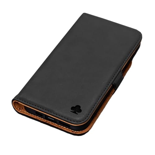 Porter Riley - Lederhülle für iPhone 14. Hochwertiges Echtleder-Ständer/Cover/Brieftasche/Klapphülle mit [Kartenfächern] [Horizontaler Ständer] (Schwarz/Hellbraun) von Porter Riley