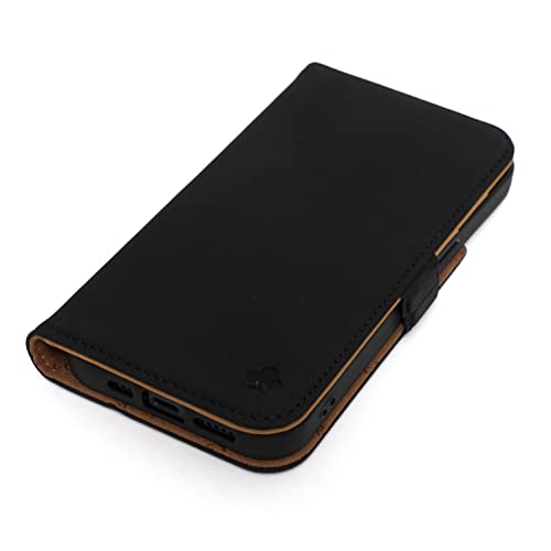 PORTER RILEY – Lederhülle kompatibel mit iPhone SE 2022/20 und iPhone 8/7. Premium-Nubuk-Echtleder-Ständer/Cover/Brieftasche/Klapphülle mit Kartenfächern und horizontalem Standfuß (Schwarz, Hellbraun) von Porter Riley