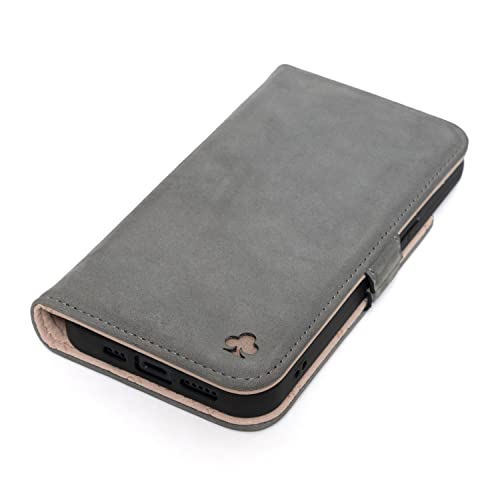 Porter Riley – Lederhülle kompatibel mit iPhone 13 Mini (5,4 Zoll). Hochwertiges Nubukleder mit Standfunktion, Kartenfächern und horizontalem Standfuß (Grau, Pink) von Porter Riley