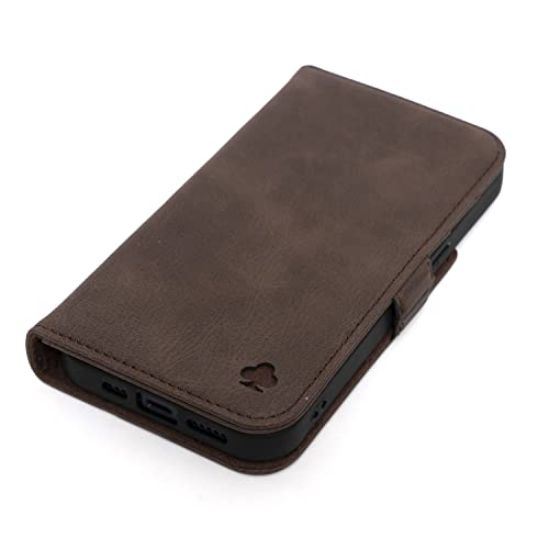 Porter Riley - Lederhülle kompatibel mit iPhone 15. Premium Echtleder Standhülle/Ledertasche/Brieftasche mit Karten Steckfächern und Horizontale Standfunktion (Schokoladenbraun) von Porter Riley