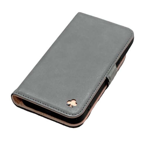 Porter Riley - Lederhülle kompatibel mit iPhone 16 Pro Max. Hochwertiges Echtleder-Ständer/Cover/Brieftasche/Klapphülle mit Kartenfächern & horizontalem Ständer (Grau/Rosa) von Porter Riley