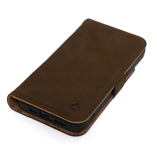 Porter Riley – Lederhülle kompatibel mit iPhone 16 Pro Max. Premium Nubukleder mit Ständer, Kartenfächern und horizontalem Standfuß (Braun, Hellbraun) von Porter Riley