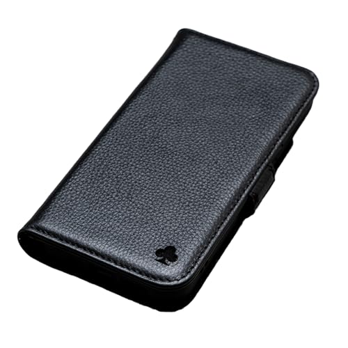 Porter Riley - Lederhülle kompatibel mit iPhone 16 Pro. Premium Echtleder Standhülle/Ledertasche/Brieftasche mit Karten Steckfächern und Horizontale Standfunktion (Reines Schwarz) von Porter Riley