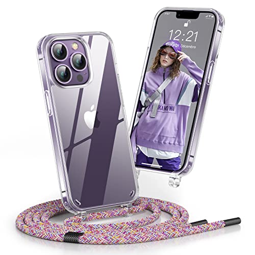 Poslocu [2023 Handykette iPhone 15 Pro Hülle mit Band | Handyhülle mit Kette zum Umhängen | Hülle Transparent mit Metall Verschlüsse | Schutzhülle Necklace Case mit Einstellbar Kordel Stark - Rainbow von Poslocu