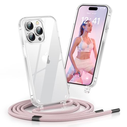 Poslocu [2023 Handykette iPhone 15 Pro Hülle mit Band | Handyhülle mit Kette zum Umhängen | Hülle Transparent mit Metall Verschlüsse | Schutzhülle Necklace Case mit Einstellbar Kordel Stark- Roségold von Poslocu