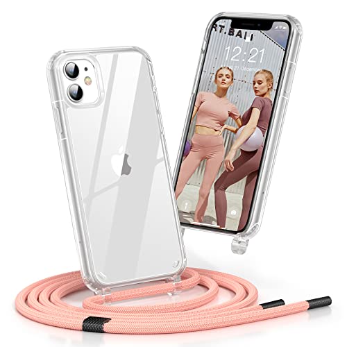 Poslocu Handykette iPhone 11 Hülle mit Band | Handyhülle mit Kette zum Umhängen | Hülle Transparent mit Metall Verschlüsse | Schutzhülle Necklace Case mit Einstellbar Kordel Stark - Blassrosa von Poslocu